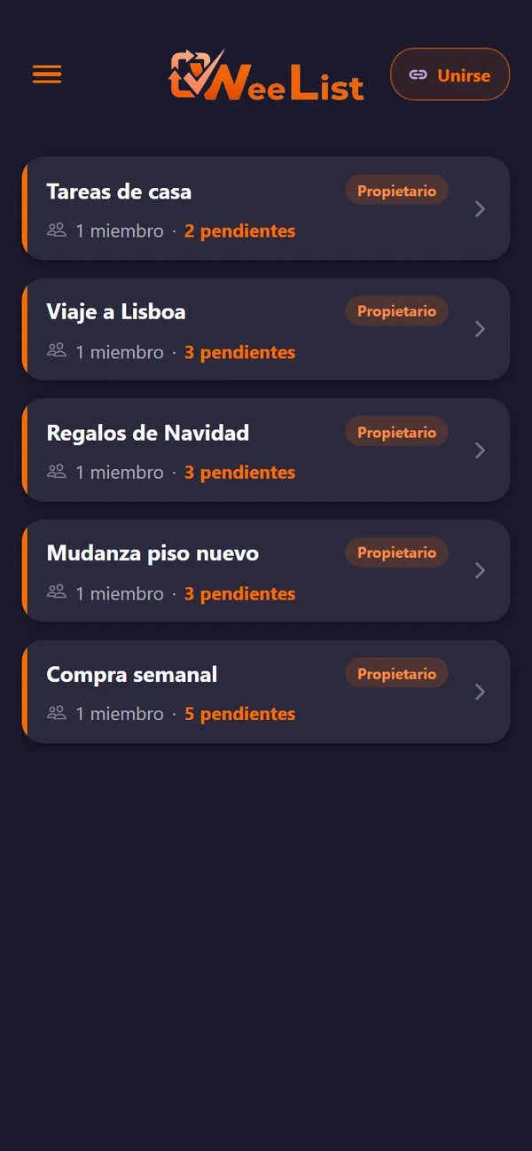 Inicio de WeeList en modo oscuro