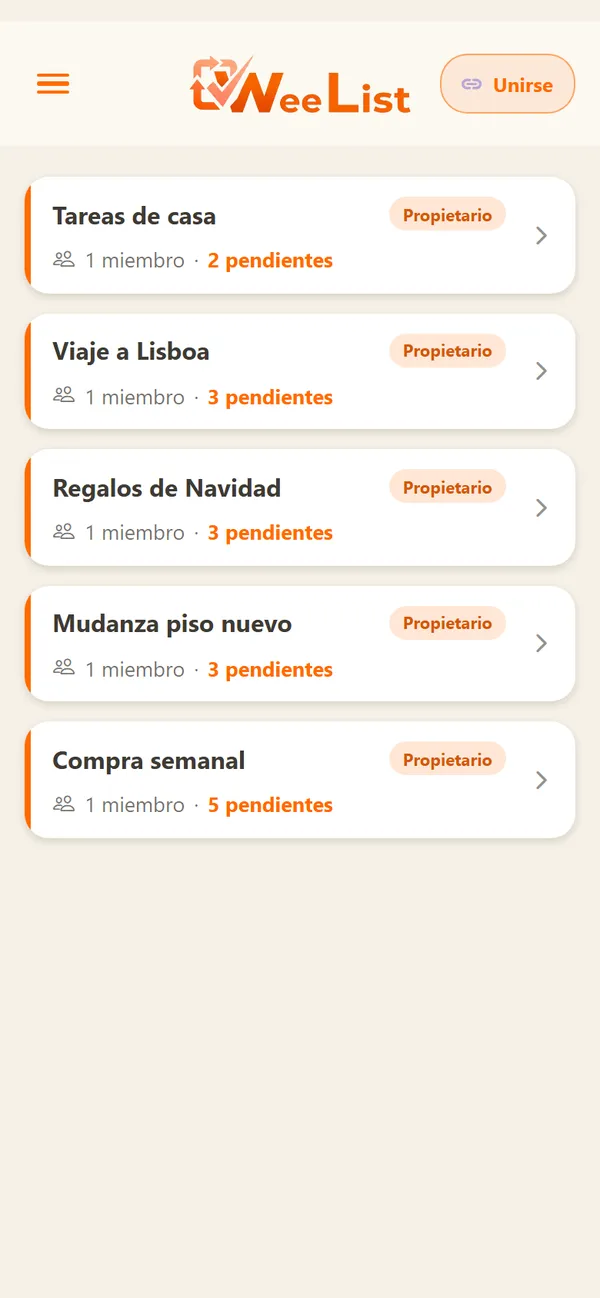 Inicio de WeeList en modo claro